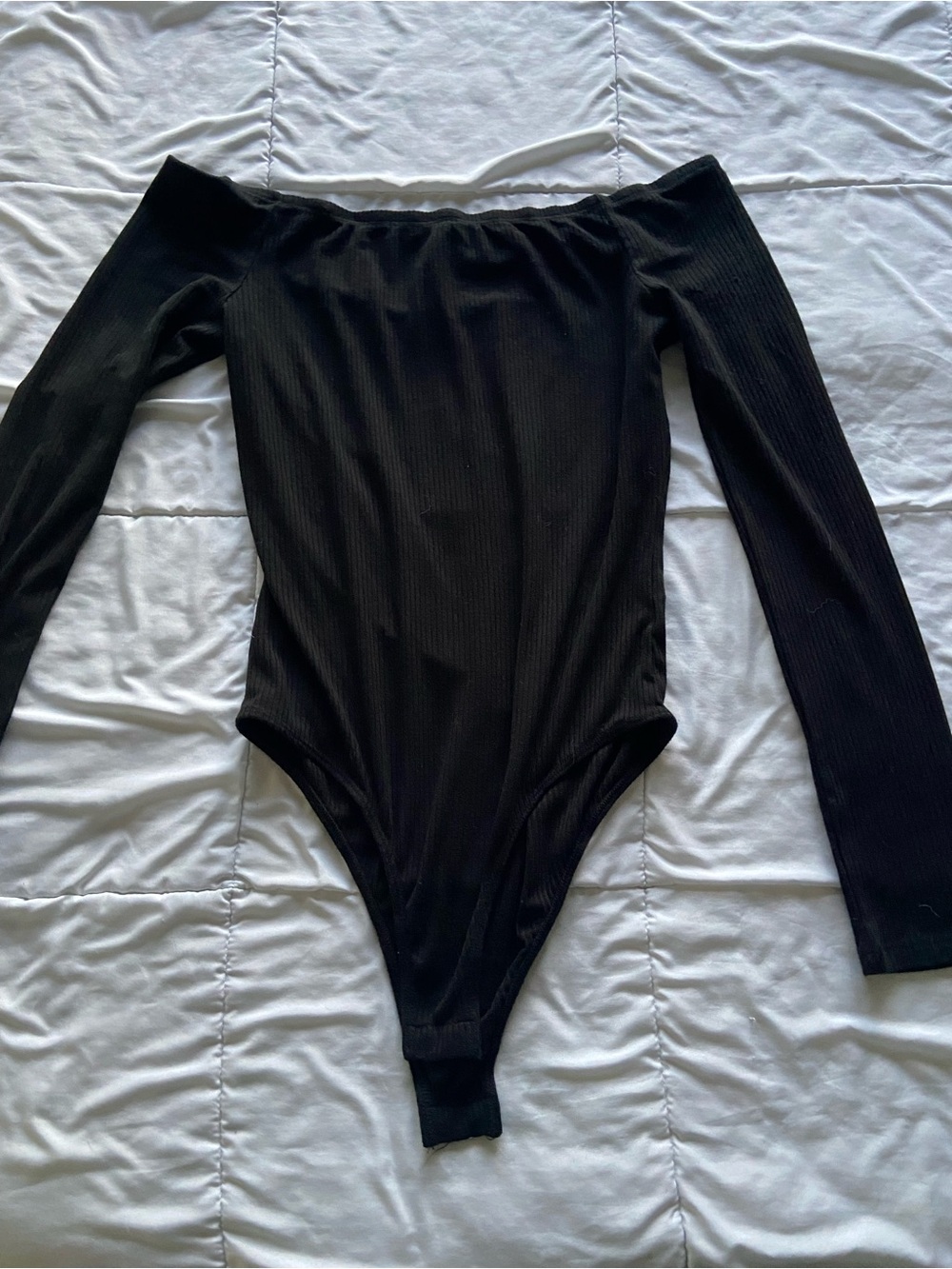 Forever 21 Black Off-Shoulder Ribbed Long-Sleeve Bodysuit